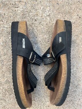 Mephisto Black Studded Cork Footbed Thong Sandals
